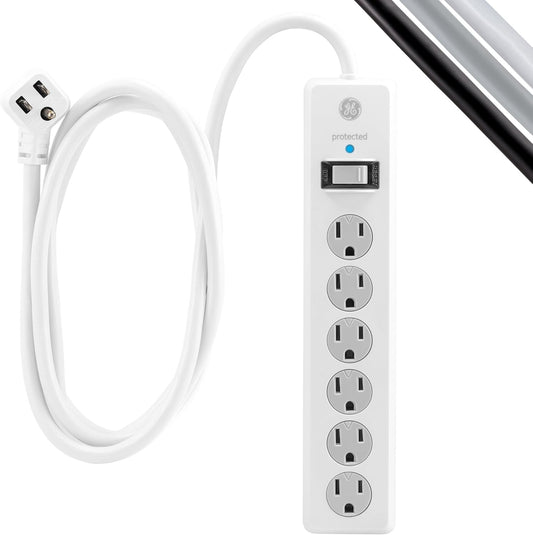 6-Outlet Sur Protector, 15 Ft Extension Cord, Power Strip, 800 Joules, Flat Plug, Twist-To-Close Safety Covers, Protected Indicator Light, UL Listed, White, 50768