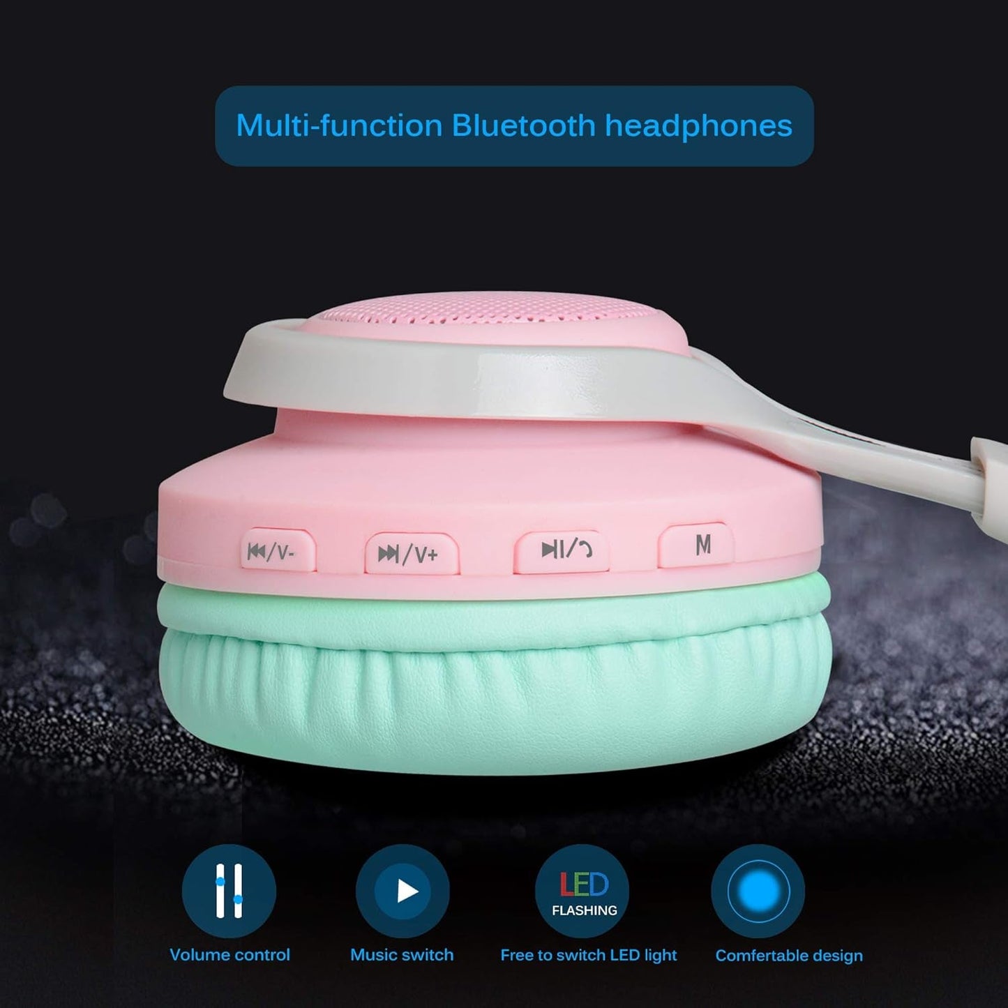 WT-7S Bluetooth Headphones Light Up, Foldable Stero Wireless Headset with Microphone and Volume Control for Pc/Cell Phones/Tv/Ipad (Pink Green)