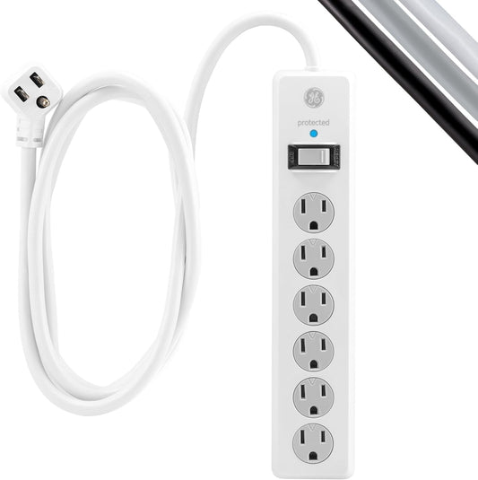 6-Outlet Sur Protector, 15 Ft Extension Cord, Power Strip, 800 Joules, Flat Plug, Twist-To-Close Safety Covers, Protected Indicator Light, UL Listed, White, 50768