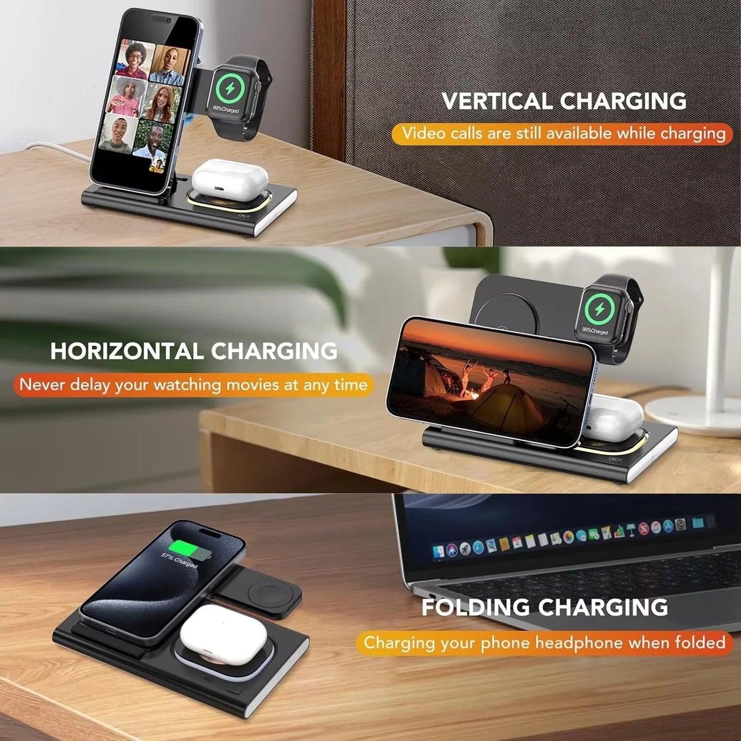 3 in 1 Foldable Charging Station Compatible with Apple Products,Fast Wireless Charger Travel Dock Adapter&Light for Iphone 15 14 13 12 11 Pro Max,Watch 9 8 7 6 5 4 3 2 Se and Airpods,Black